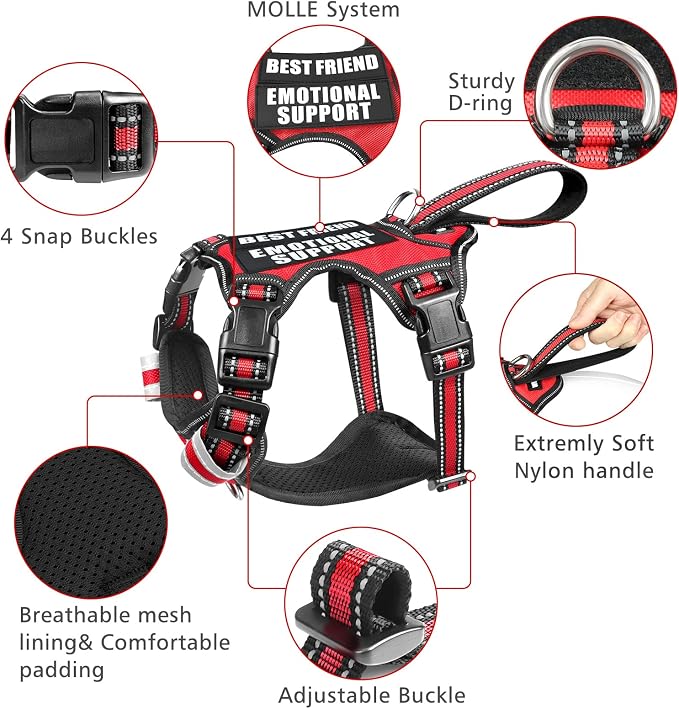 Service Dog Vest No Pull Dog Harness with 7 Dog Patches, Reflective Pet Harness with Durable Soft Padded Handle for Training Small, Medium, Large, and Extra-Large Dogs (Medium, Red)