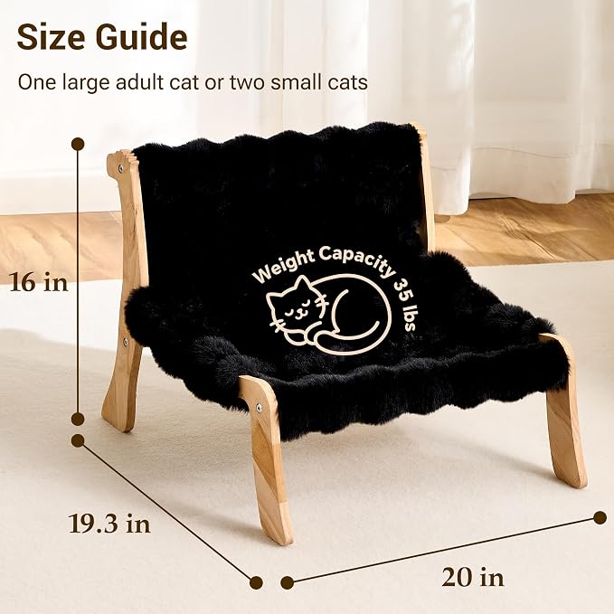 Solid Wood Cat Couch Bed for Indoor Cats, Modern Cat Sofa with Ultra-Soft Plush Surface Washable, Reclined Backrest, Elevated Elevated Cat Lounge Furniture for Small to Adult Pets, Sheen Black