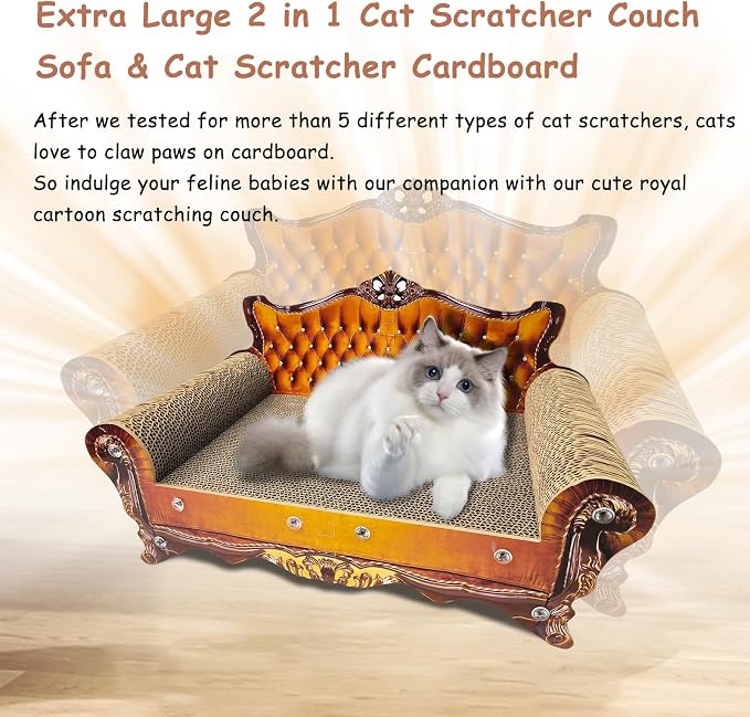 Luxury Cardboard Cat Scratcher Sofa Bed, Couch Shaped Cat Scratching Board, Scratch Lounge with Catnip, Scratcher for Indoor Cats(Brown)