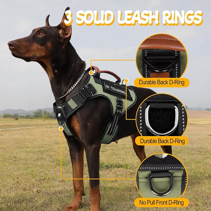 Service Dog Vest - HEYCAHVA Tactical Dog Harness Full Metal Buckles for Large Medium Dog Reflective No Pull Harnesses Vest with Leather Handle, Hook & Loop for Hiking Training(Green, XL)