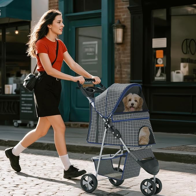 Pet Stroller for Small Dogs 10 lbs, Dog Stroller for Medium Dogs 30 lbs, Cat Strollers for 2 Cats, 3 Wheels Foldable Jogger Puppy Stroller with Storage Basket and Cup Holder, Plaid