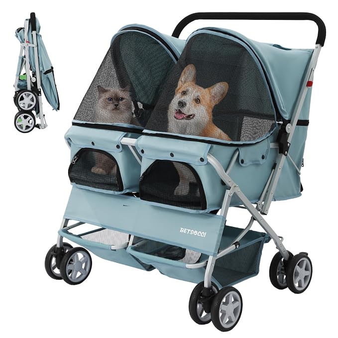 Double Pet Stroller for 2 Small Dogs & Cats, Side-by-Side Twin Travel Carriage with Safety Leashes, Mesh Windows & Double Storage Baskets, Lightweight & Foldable, 44lbs Capacity, Light Blue