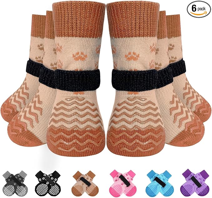 EXPAWLORER 6Pcs Anti Slip Dog Socks to Prevent Licking Paws, Dog Shoes for Hot Pavement, Double Sides Dog Boots & Paw Protectors Booties for Hardwood Floors with Grip Small Medium Large Senior Dogs, M
