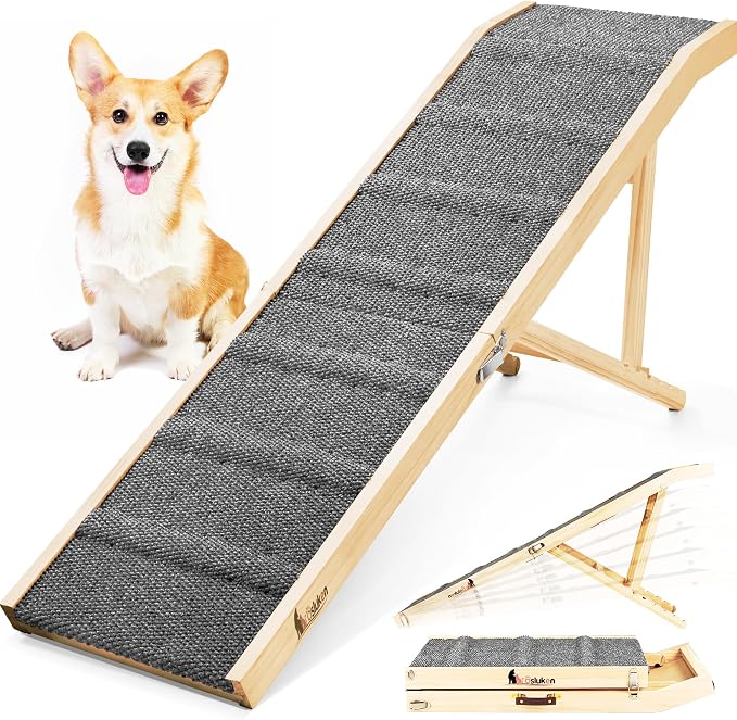 2026 Upgraded Dog Ramp for Bed, 64" Long Foldable Pet Ramp for Small Large Dogs, Dog Ramps for High Beds Car, High Traction with Platform 6 Adjustable Heights 24" to 30" Up to 220LBS, Gray