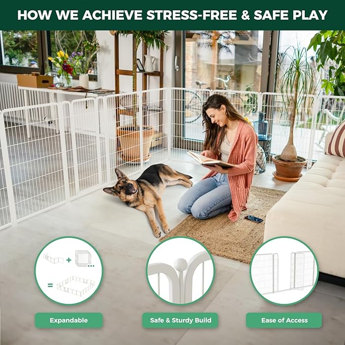 FXW Homeplus Unleashed Indoor Dog Playpen - Stress-Free and Safe Play, Heavy Duty 45 Inch 32 Panels Dog Pen for Large Dogs, White│Patented