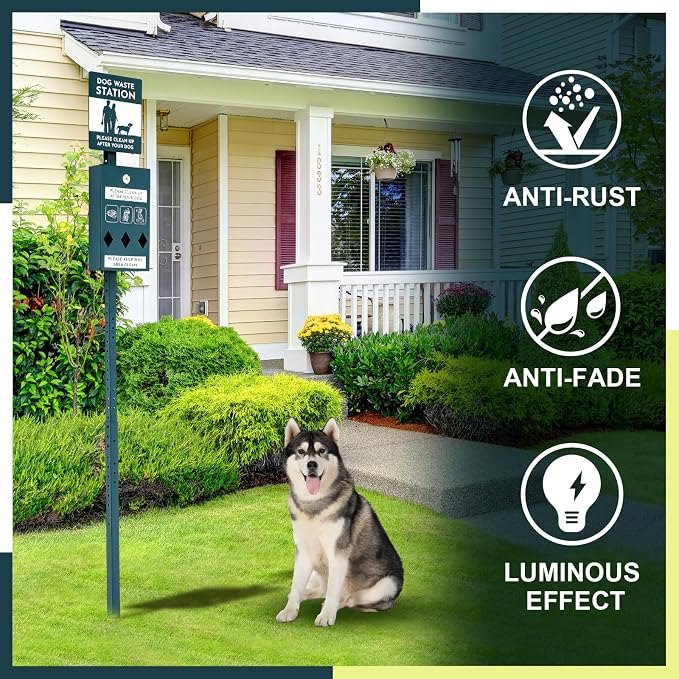 Qinyoung Dog Waste Station with Bags Galvanized Steel Outdoor Pet Bin Dispenser Reflective Sign Rust Proof System for Backyard Commercial Park(2 Pack)