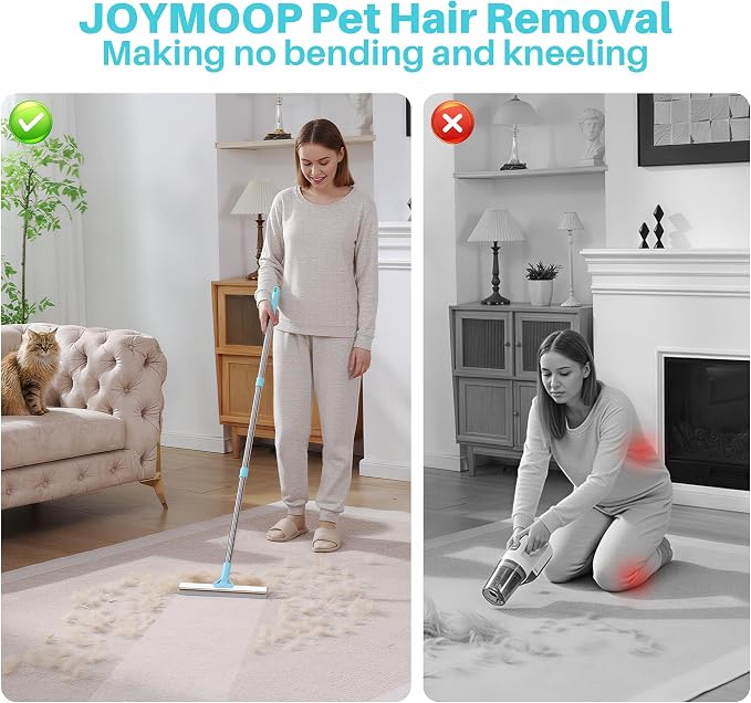 JOYMOOP 3 PCS Carpet Rake for Pet Hair Removal, 63" Adjustable Long Handle and Short Handle Reusable Pet Hair Remover, 1 Mini Cat Dog Hair Carpet Scraper for Rugs, Sofa,Cloth