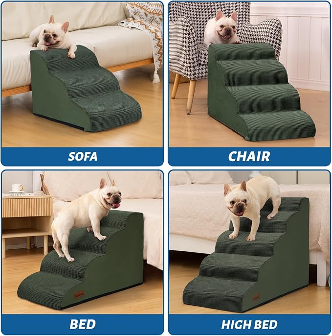Aodisman Dog Stairs for High Bed,5-Step Pet Ramp for Small Dogs and Cats | 22.2" H Dog Steps for Bed with High-Density Foam, Help Olders,Short-Legged Dogs,Puppy and Cats Get on Beds Easily,Grey,Green