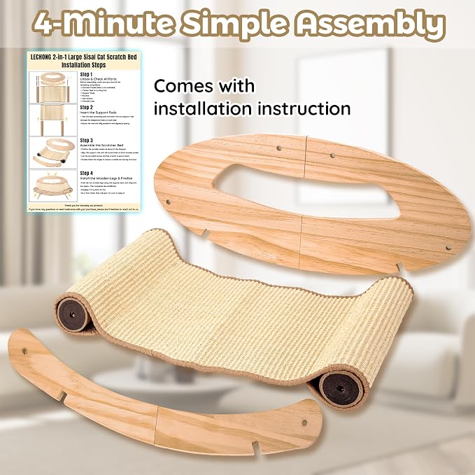 LECHONG 3-in-1 Large Sisal Cat Scratch Bed, Thicker Natural Sisal 22” Elevated Wooden Frame Hammock Lounge for Indoor Cats Sleep, Scratch & Play