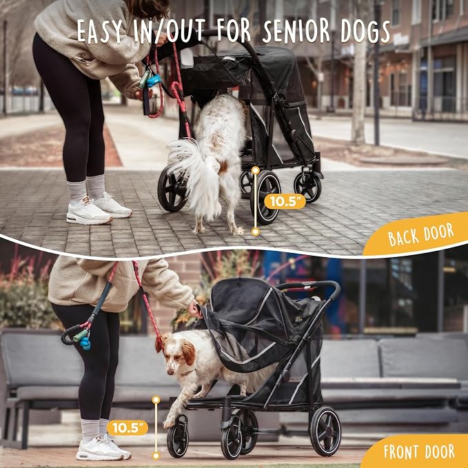 CANINE CANYON Denver Dog Stroller for Large & Medium Dogs- Easy Fold All-Terrain Pet Stroller for 2 Dogs with Dual Entry, One-Foot Brake, Sunroof & Breathable Windows, Up to 130 lbs, Black