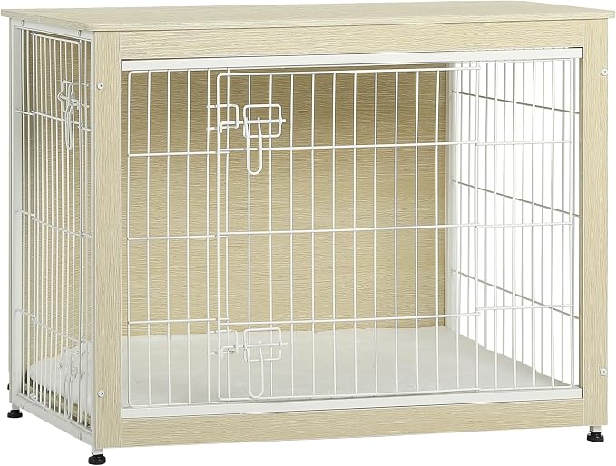 DWANTON Dog Crate Furniture with Cushion, Wooden Kennel Table with Double Doors, Indoor Dog House, Large Size, 38.5" L, White Oak