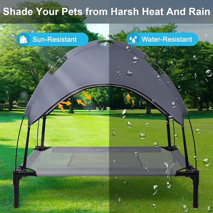 34.3'' Elevated Outdoor Dog Bed with Canopy, Raised Dog Bed Medium Size Dog | Outdoor Dog Bed with Canopy Medium Large Size Dogs with Ice Pack, Dog Cooling Beds, Outdoor Pet Hammock Beds, Outside Pet Bed