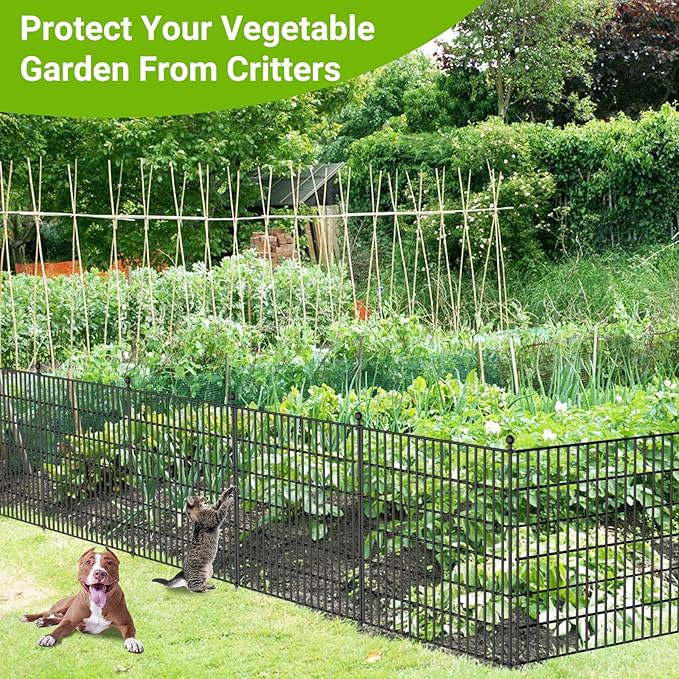 10 Panels No Dig Decorative Outdoor Garden Fence with Gate for Yard, 24 in(H) X 20 ft(L) Animal Barrier Fencing Rustproof Metal Wire Panel Border for Dog, Rabbits, and Patio Temporary Ground Stakes