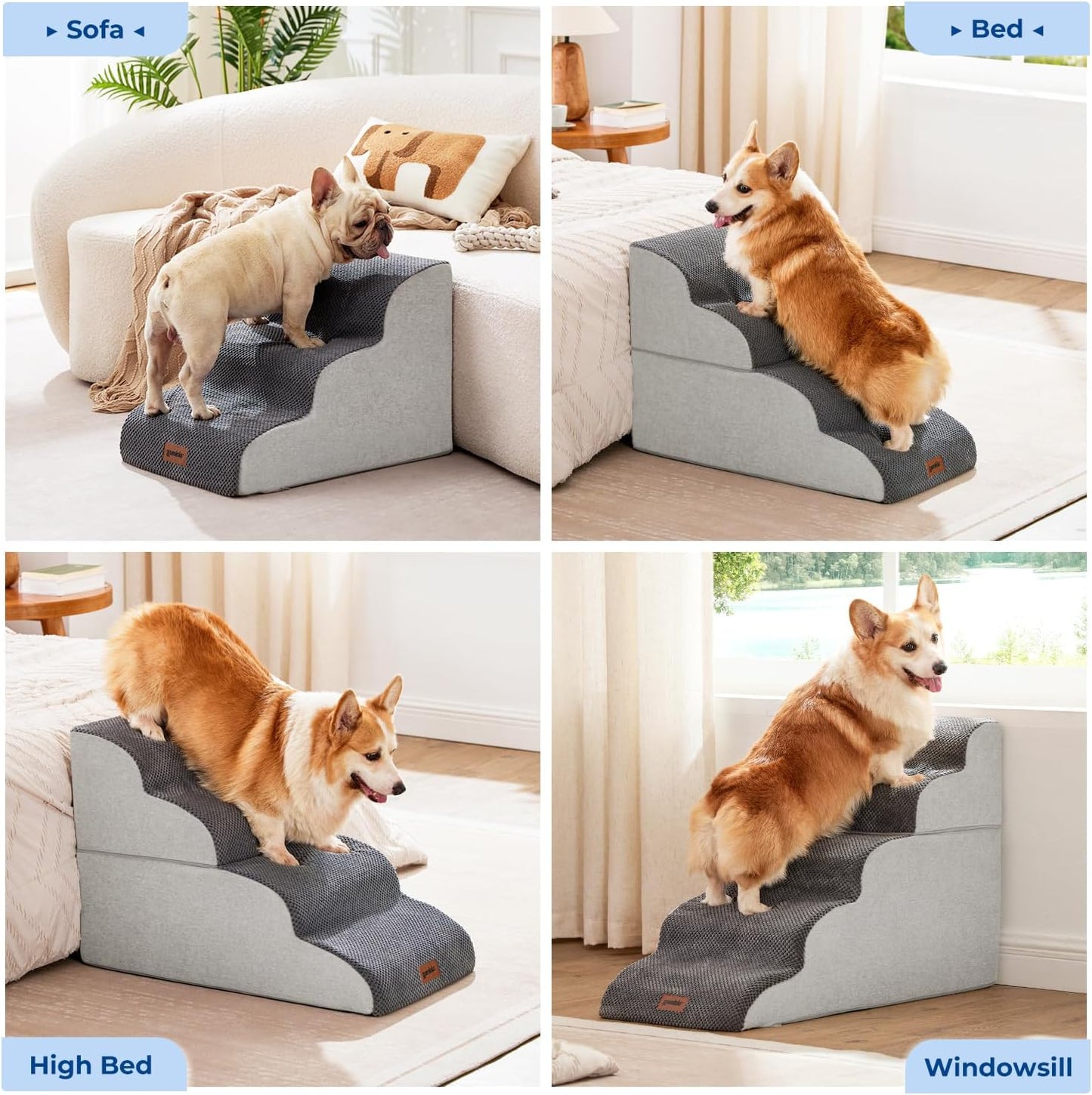 Dog Stairs Ramp for Bed 19.7" H - Pet Stairs Steps for Small to Medium Dogs to Get on Bed and Couch, 35D Foam with Non-Slip Bottom Beige, 4 Steps
