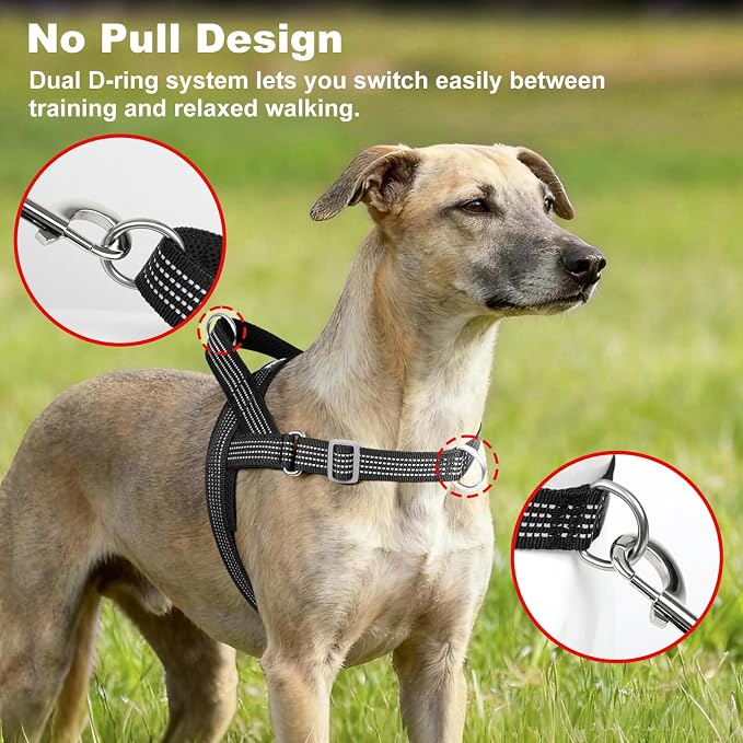 No Pull Dog Harness with Handle, Adjustable Soft Mesh Padded Vest | Reflective Walking Harness with Front Clip for Small Medium Large Dogs, Quick Fit No Escape for Training, Black, XS