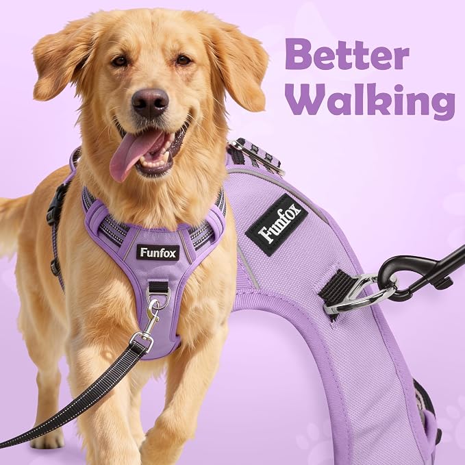 Dog Harness No Pull, Adjustable Pet Vest Harness, Super Soft Material with Vertical Handle Easy Control, Reflective Night Walking, 2 Leash Clips for Medium Sized Dogs, Purple, M
