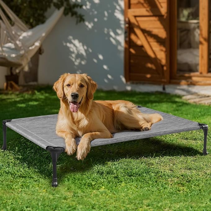 Veehoo Outdoor Elevated Dog Bed Large Sized Dogs, Cooling Raised Dog Cots | Off-ground training platform, portable camping hammock, breathable mesh, easy to clean, no-tool setup, 45"x33", Black Silver
