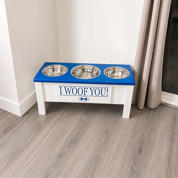 3 Bowl Dog Feeding Station, Personalized Triple Bowl Food Stand Large Dogs | Farmhouse Style, Elevated Wood Stand, Storage Container, Stainless Steel Bowls, Raised Feeder, Large Breed, Made in USA