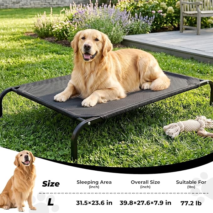 Outdoor Raised Dog Cot Bed for Large Dogs, Large Breathable Elevated Cooling Dog Beds, Off Ground Training Pet Hammock Bed with Anti-Slip Base, 41"x25", Black