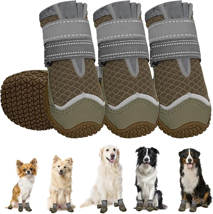 SlowTon Dog Shoes for Large Small Medium Dogs - Breathable Dog Boots for Summer Hot Pavement, Paw Protector for Outdoor Walking Winter Snow, Anti-Slip Rubber Dog Booties for HardFloor (Brown Gray, 2)