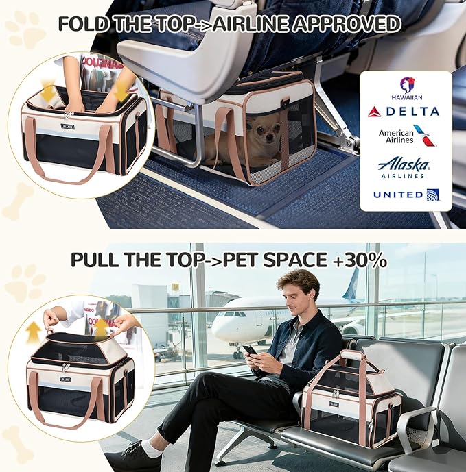 Lekereise Top-Expandable Pet Carrier 17x11x9.5 Inch Alaska Hawaiian Airline Approved Soft Sided Underseat to 12lbs Travel Carriers for Small Dogs and Cats with Locking Safety Zippers Anti-Scratch Mesh