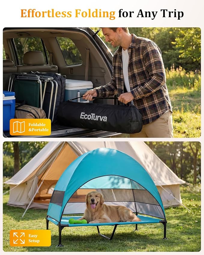 Elevated Dog Bed with Canopy - 3-Sided UV Protection Pet Tent with Wider Shade, Raised Cooling Outdoor Dog Cot with Breathable Mesh for Medium Large Dogs, Portable Bed for Camping, Patio (Aqua, XL)