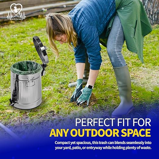 Pet Fit For Life Steel Trash Can with Lid, Small, 5L/1.3 Gallons | Steel Galvanized Bin with Step Foot Pedal, Plastic Inner Lining, Liner Bags, Weather-Resistant Design, 11 Inches Tall
