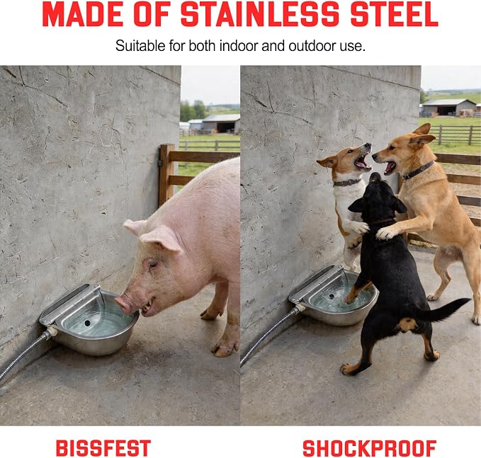 Automatic Water Bowl 304 Stainless Steel Pet Water Dispenser Dog, Feeder Waterer for Large Dogs with 40 Inch Steel Hose, 2 Float Valve, Copper Connector Adapter, 2 Bolts (with Drainage Hole)