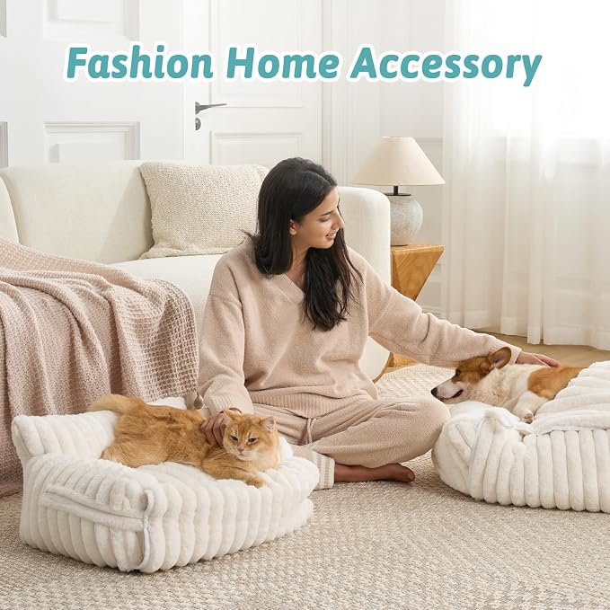 COZY KISS Cute Cat Bed with Removable Cover, Multifunctional Plush Faux Fur Pet Couch Bed with Blanket, Ultra-Soft Pet Furniture for Cats & Small Dogs (Cream, M: 32''x24'')