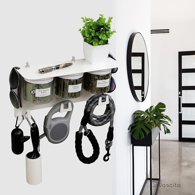 Dog Treat Holder For Wall Storage For Pets, Premium Pet Wall Organizer, Includes Three 16oz Airtight Dog Treat Jars, 3 Sets of Triple Hooks, Sturdy Shelf in Designer White