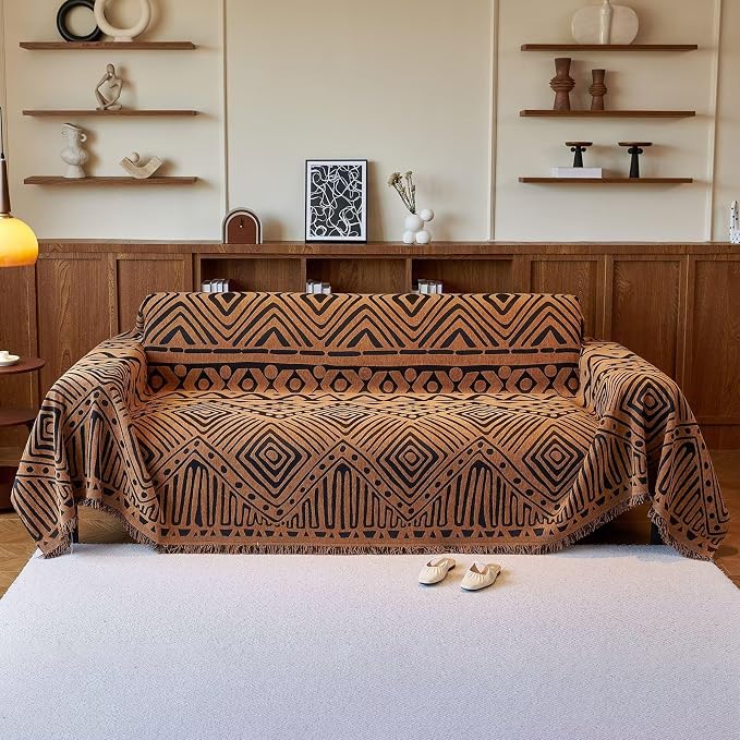 VClife Boho Couch Covers Washable Sofa Cover for Sofa, Luxury Sectional Couch Cover Chenille for 3 Cushion Couch, Anti Slip Pet Sofa Slipcover Dog Couch Cover Throw, Black Pumpkin Geometry, 71"x134"