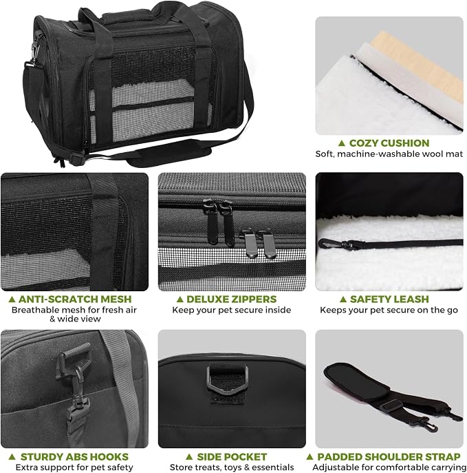 Soft-Sided Cat Carrier Expandable Pet Carrier Airline Approved Mesh Travel Carrier Up to 15lbs for Cats Small Dogs Collapsible Escape-Proof with Shoulder Strap Washable (18x11x11 Black)