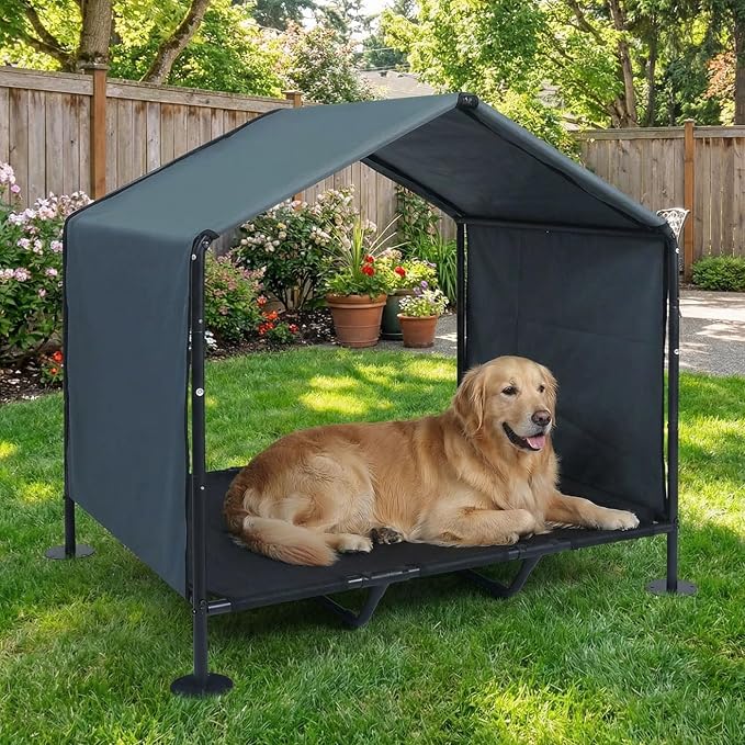 Large Dog House with Elevated Dog Bed, Waterproof Dog Shade with Back Cover | Portable Outdoor Dog Tent for Medium/Large Dogs, Sun & Rain Protection Canopy for Camping/Patio/Yard, Ground Stakes Included
