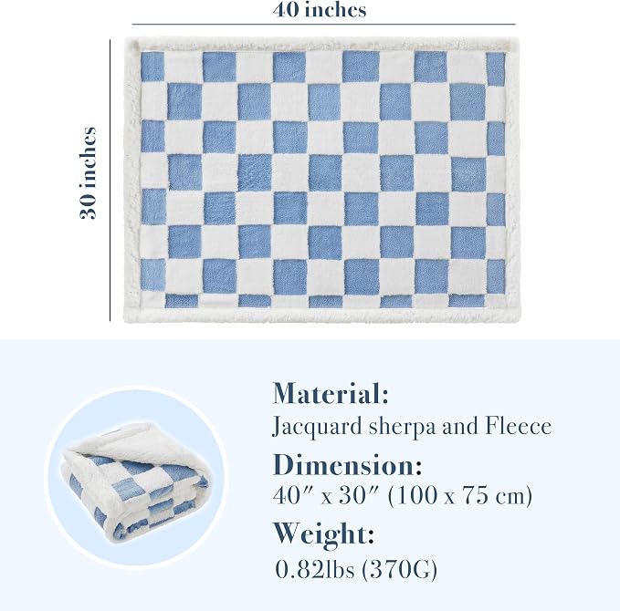 Ohocut Checkered Dog Blanket, Blue Jacquard Sherpa Blankets for Small Dog and Cats, Cute Aesthetic Style Fluffy Fleece Pets Blanket for Couch Protection Washable, 30"x40"