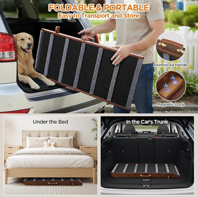 Dog Ramp for Bed, Extra Wide 17", Non-Slip Rubber Surface, Adjustable Folding Pet Ramps for Small & Large Dogs up to 200lbs, Walnut Wood Stairs for Old Dachshund/Labrador to Get on High Couch or Car