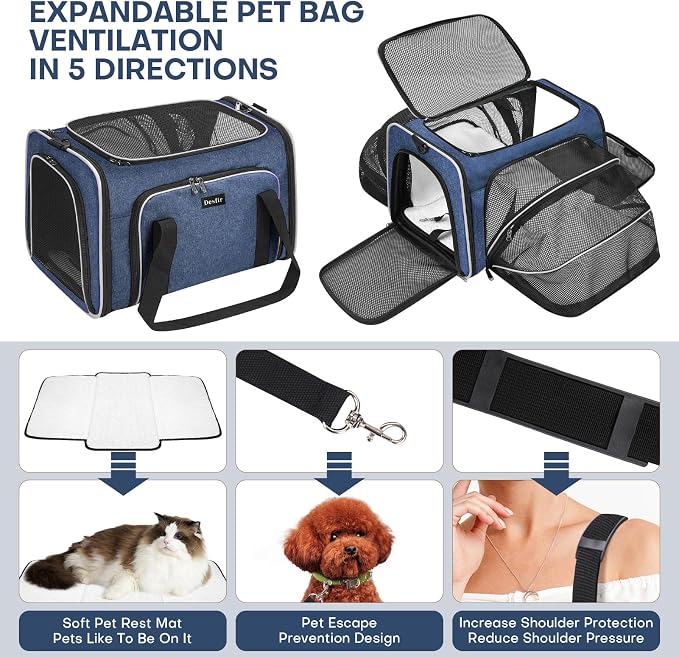 Pet Carrier, Large Soft Sided Expandable Travel Carrier with Steel Frame, Anti-Scratch Mesh, Removable Fleece Pad and Pockets for Cats, Dogs and Small Animals up to 15 lbs (Blue, 5 Sides Expandable)