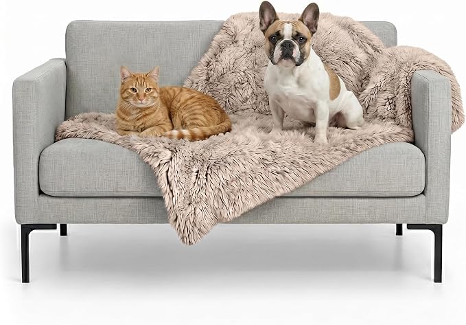 Furhaven Waterproof Throw Blanket for Dogs & Indoor Cats, Washable - Shaggy Plush Calming Long Faux Fur & Velvet Dog Blanket - Taupe, Medium