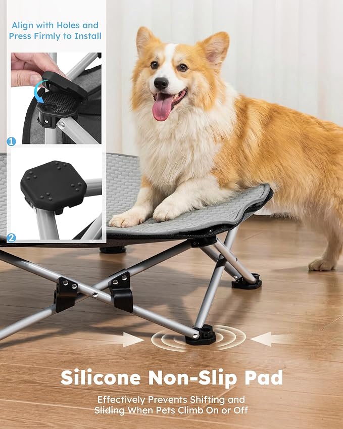Pecute Raised Dog Bed with Cooling Mat, Elevated Pet Cot for Medium Dogs, L | Breathable Textilene Mesh, Outdoor Camping & Beach, Steel Frame,130 lbs Heavy Duty Support, Tool-free 3-second Quick Assembly