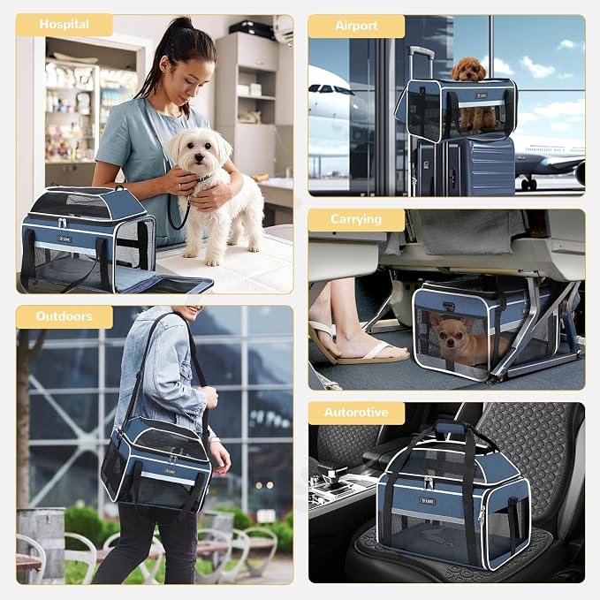 Lekereise Top-Expandable Pet Carrier 17x11x9.5 Inch Alaska Hawaiian Airline Approved Soft Sided Underseat to 12lbs Travel Carriers for Small Dogs and Cats with Locking Safety Zippers Anti-Scratch Mesh