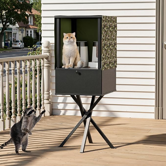 PAKASEPT Outdoor Cat Feeding Station with Camouflage Cover, Weatherproof Elevated Cat Feeder Shelter with Stand, Dog/Raccoon Proof Cat Food Storage Cabinet for Outside Feral Cats
