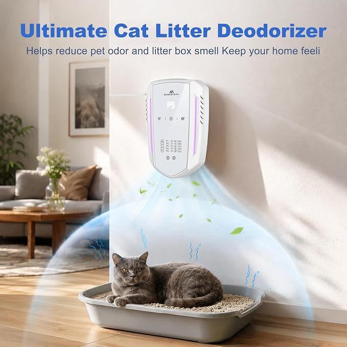 Cat Litter Deodorizer, Pet Odor Eliminator for Home, Litter Box Deodorizer Plug in for Strong Cat Urine Odor, Ozone Odor Eliminator Air Purifier with 5 Mode for Smoke, Wardrobe, Garage, Car