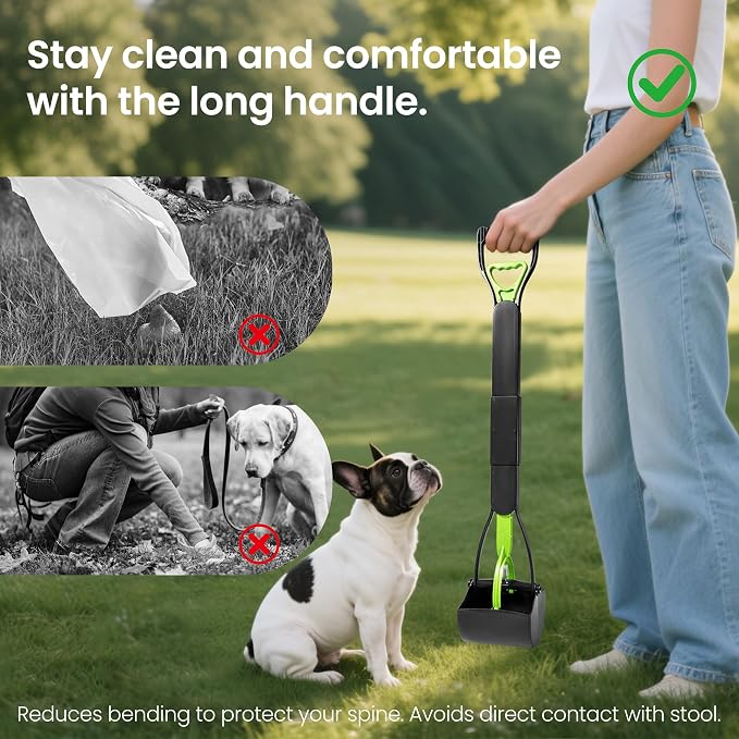 32in Dog Pooper Scooper with Bag Attachment, Foldable Long Handle | Thickened ABS dog scooper for large dogs. Features curved grip, jagged teeth, 120 bags, clip & extra 2x springs/buckles