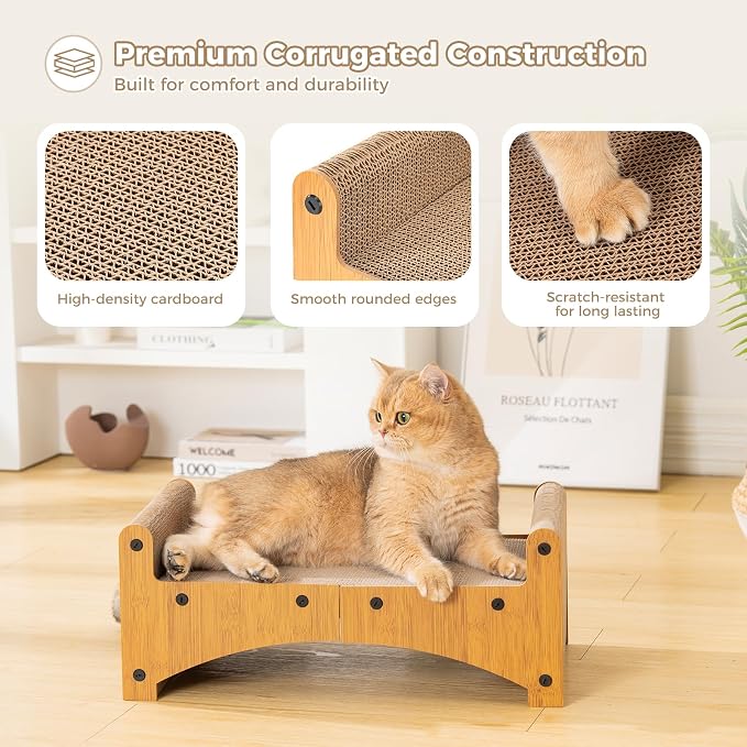 Avont Cat Scratcher Lounge, 3-in-1 Reversible Cardboard Scratching Bed, Horizontal Lounger for Indoor Cats Kittens - Nature