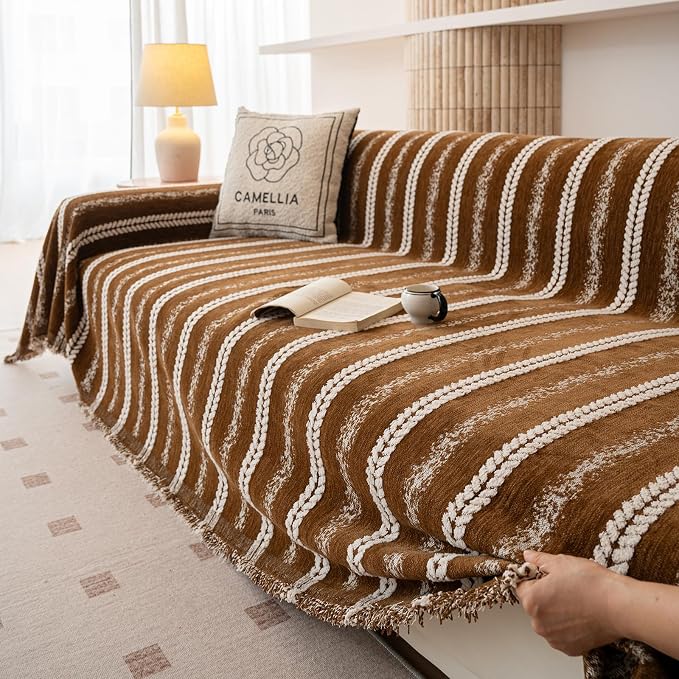 VClife Sofa Cover Bohemian Striped Pattern Couch Cover for Oversized Sofa - Caramel Brown Creamy White Textured Sofa Slipcover Washable Furniture Protector for Couch Decorative Couch Cushion Cover