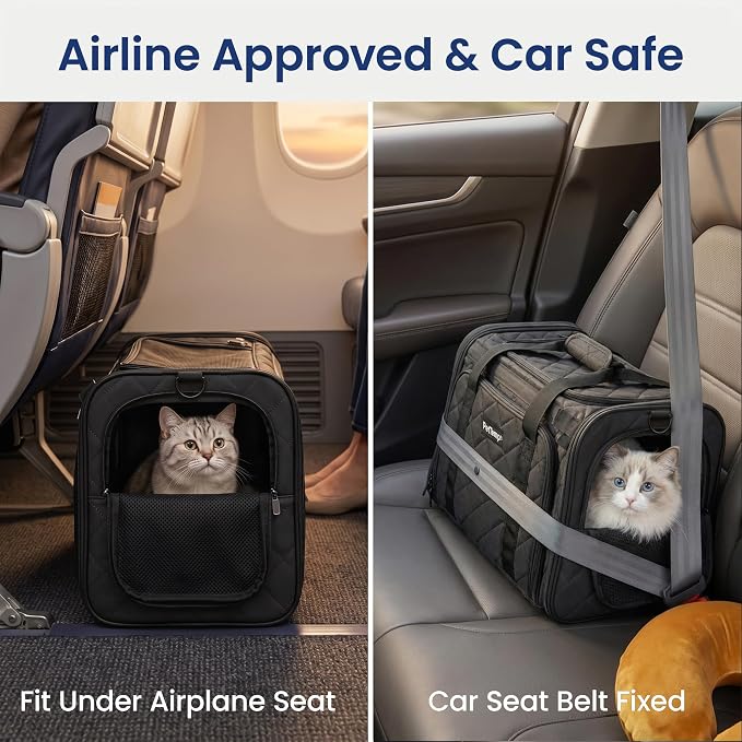 Expandable Airline Approved Cat Carrier with Large Comfort Space Soft Sided Pet Travel Bag Breathable Mesh Safe Structure Foldable Portable Carrier for Small Dogs Cats Vet Trips Flights