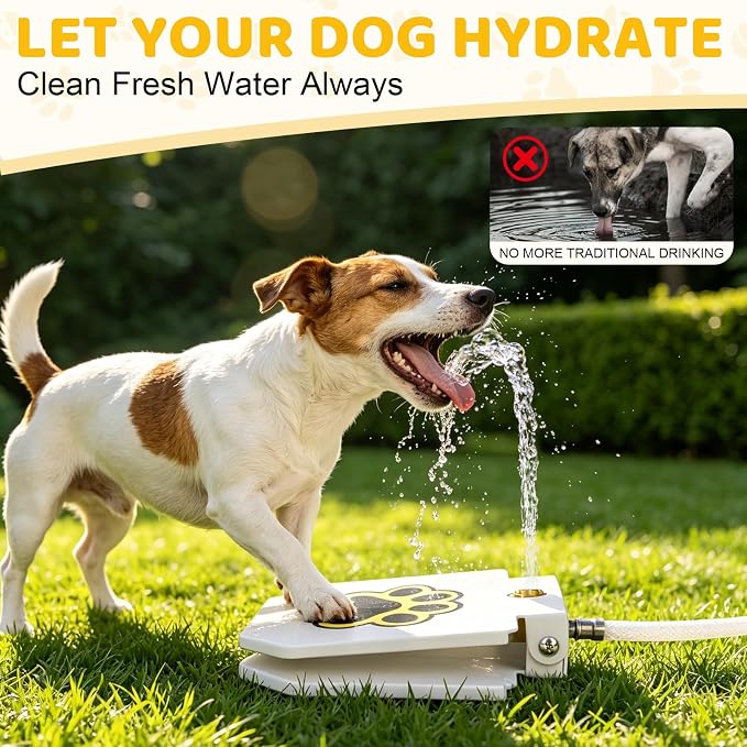 Dog Water Fountain Step On, Outdoor Paw Activated Water Fountain for Dogs, Paw Activated Drinking Water Toy with Hose for Fresh Water, Upgrade Copper Valve Set(White) (White-New)