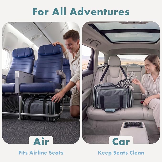Expandable Cat Carrier for Cats and Small Dogs, Airline Approved Under-Seat with Double-Side Extension, Durable 600D Fabric Internal Frame, Ventilated with Safety Leash, Blue