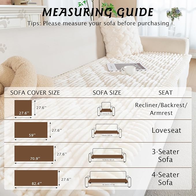 PuTian 100% Waterproof Fuzzy Couch Cover for Dogs White 27.6"x82.7" | Pet Friendly Dog Mat for Couch, Waterproof Sofa Protector, Scratch Resistant Furniture Cover for Dogs, Machine Washable