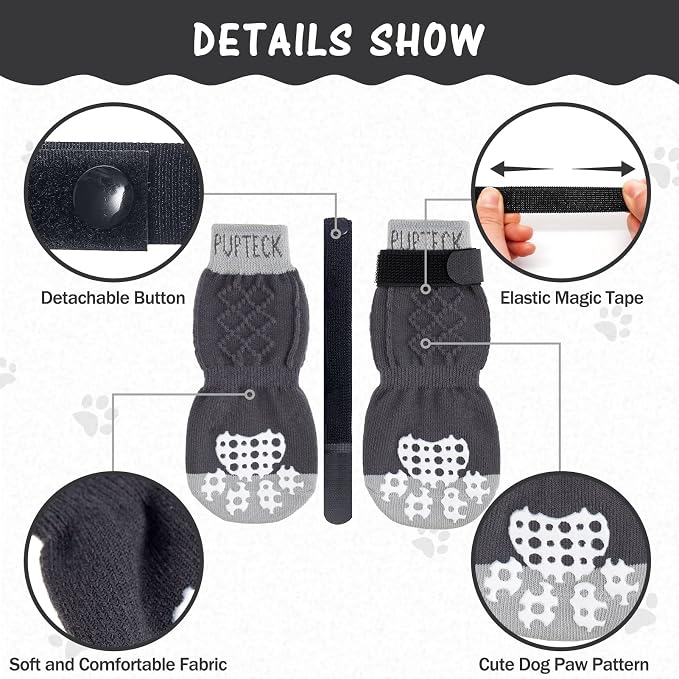 PUPTECK Anti-Slip Dog Socks with Double Sides Grips for Small Medium Large Dogs Hardwood Floors Prevents Licking, Dog Shoes for Hot Pavement Traction Control Paw Protector for Senior Dogs,Slate Grey S