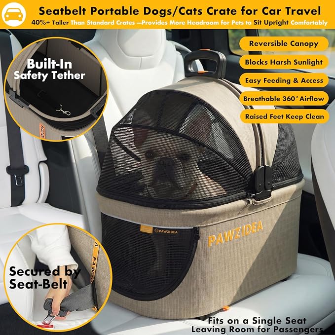 PAWZIDEA 4-in-1 Pet Stroller with Detachable Carrier, Escape-Proof No-Zip Canopy, Lightweight Foldable Dog Stroller for Small Medium Dogs & Cats, Portable Travel Crate & Car Seat Combo, Storage Basket